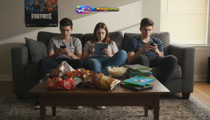 Teens reading game reviews on couch