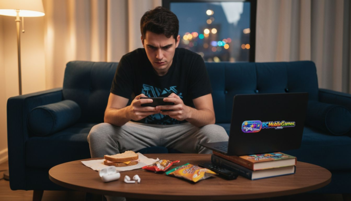 Young man gaming on phone on sofa