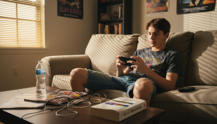 Teen playing mobile game on sofa in living room