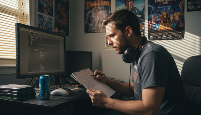 Gamer reviewing cheat codes at desk