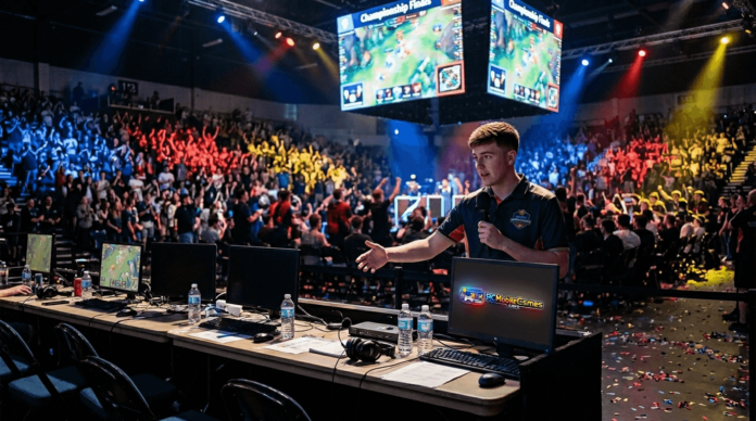 Announcer at crowded esports stadium finals