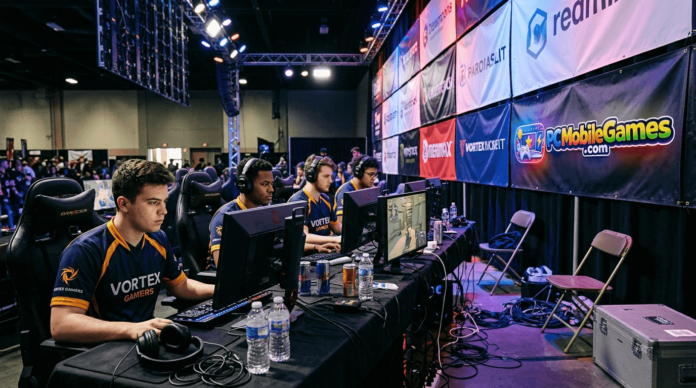 Team competing in a busy esports arena