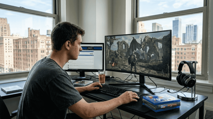 Gamer at desk with fantasy game on monitor